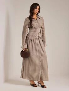 SHEIN Tall 高個女性棕色條紋喇叭 A 字超長長褲 - 棕色 - 查看 5