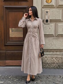 SHEIN Tall 高個女性棕色條紋喇叭 A 字超長長褲 - 棕色 - 查看 9