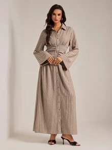 SHEIN Tall 高個女性棕色條紋喇叭 A 字超長長褲 - 棕色 - 查看 7