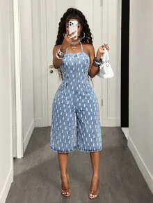 Slaydiva Festival Standard Size Women's Summer Blue Non-Stretch Distressed Jacquard Denim Jumpsuit - Light Wash - View 8