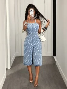 Slaydiva Festival Standard Size Women's Summer Blue Non-Stretch Distressed Jacquard Denim Jumpsuit - Light Wash - View 5