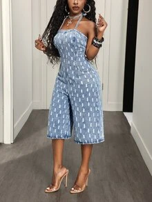 Slaydiva Festival Standard Size Women's Summer Blue Non-Stretch Distressed Jacquard Denim Jumpsuit - Light Wash - View 4