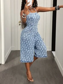 Slaydiva Festival Standard Size Women's Summer Blue Non-Stretch Distressed Jacquard Denim Jumpsuit - Light Wash - View 6