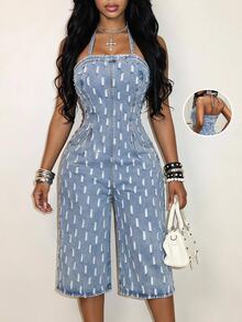 Slaydiva Festival Standard Size Women's Summer Blue Non-Stretch Distressed Jacquard Denim Jumpsuit - Light Wash - View 2