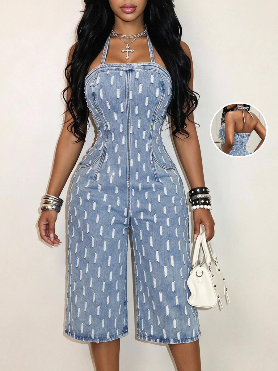 Slaydiva Festival Standard Size Women's Summer Blue Non-Stretch Distressed Jacquard Denim Jumpsuit