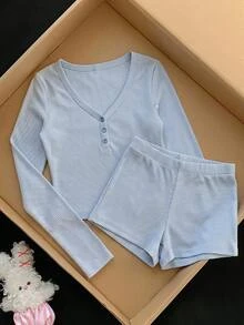 Comfortcana Women's Striped Button Design Long Sleeve T-Shirt And Shorts Casual Set - Blue - View 7