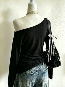 Lalippa Sexy Asymmetrical Neck Rhinestone Long Sleeve T-Shirt Women, Design-Driven Off-Shoulder Slim Fit Flattering Black Base Top - Multicolor - View 2