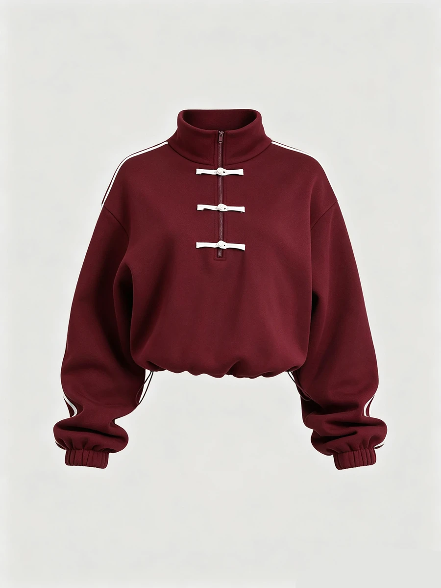 Sweetra Y2K Casual Versatile Chinese Style Frog Button College Style Streetwear Jacket - Burgundy - View 1