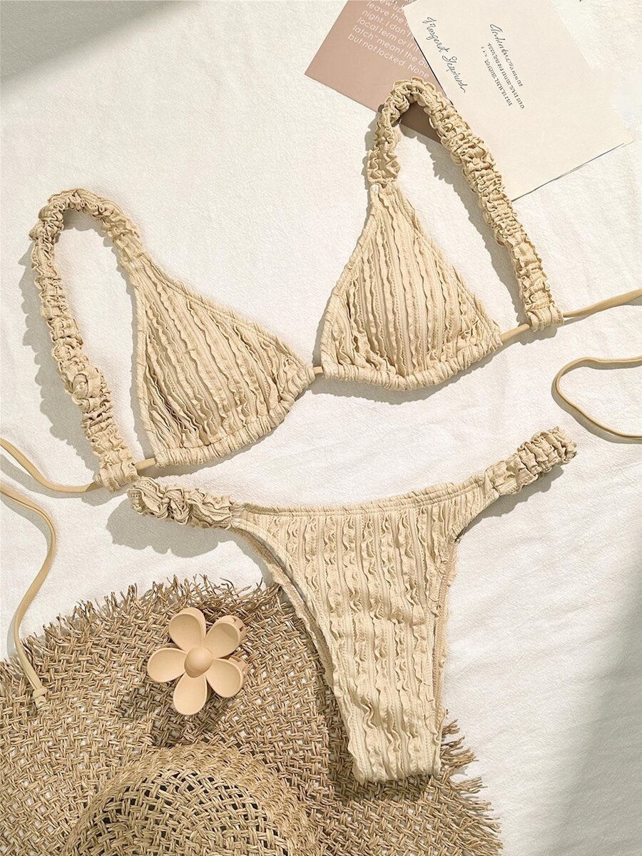 SHEIN Swim 夏季海滩纹理度假比基尼套装泳装套装，比基尼套装泳衣沙滩装