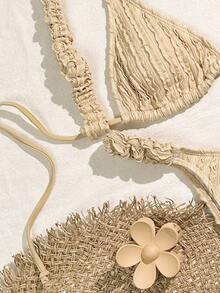 SHEIN Swim 夏季海滩纹理度假比基尼套装泳装套装，比基尼套装泳衣沙滩装 - 杏色 - 查看 4