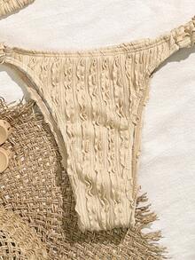 SHEIN Swim 夏季海滩纹理度假比基尼套装泳装套装，比基尼套装泳衣沙滩装 - 杏色 - 查看 5