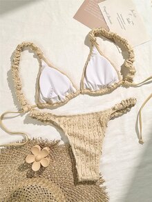 SHEIN Swim 夏季海滩纹理度假比基尼套装泳装套装，比基尼套装泳衣沙滩装 - 杏色 - 查看 3