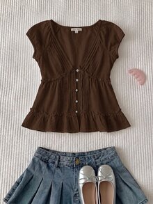 CovetEZ Coffee Brown Solid Color Frill Trim Raglan Sleeve Blouse - Coffee Brown - View 9