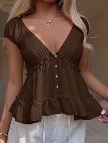 CovetEZ Coffee Brown Solid Color Frill Trim Raglan Sleeve Blouse - Coffee Brown - View 3