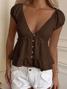 CovetEZ Coffee Brown Solid Color Frill Trim Raglan Sleeve Blouse - Coffee Brown - View 4