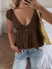 CovetEZ Coffee Brown Solid Color Frill Trim Raglan Sleeve Blouse - Coffee Brown - View 7