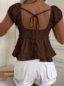 CovetEZ Coffee Brown Solid Color Frill Trim Raglan Sleeve Blouse - Coffee Brown - View 2