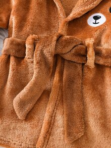 SHEIN 男嬰秋冬可愛動物熊刺繡長袖連帽法蘭絨睡衣，棕色日系可愛家庭套裝 - 棕色 - 查看 4