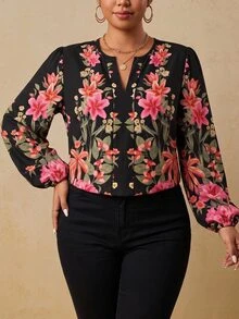 Travachic Plus Size Casual Minimalist Floral Pattern Shirt Suitable For All Seasons - Multicolor - View 1