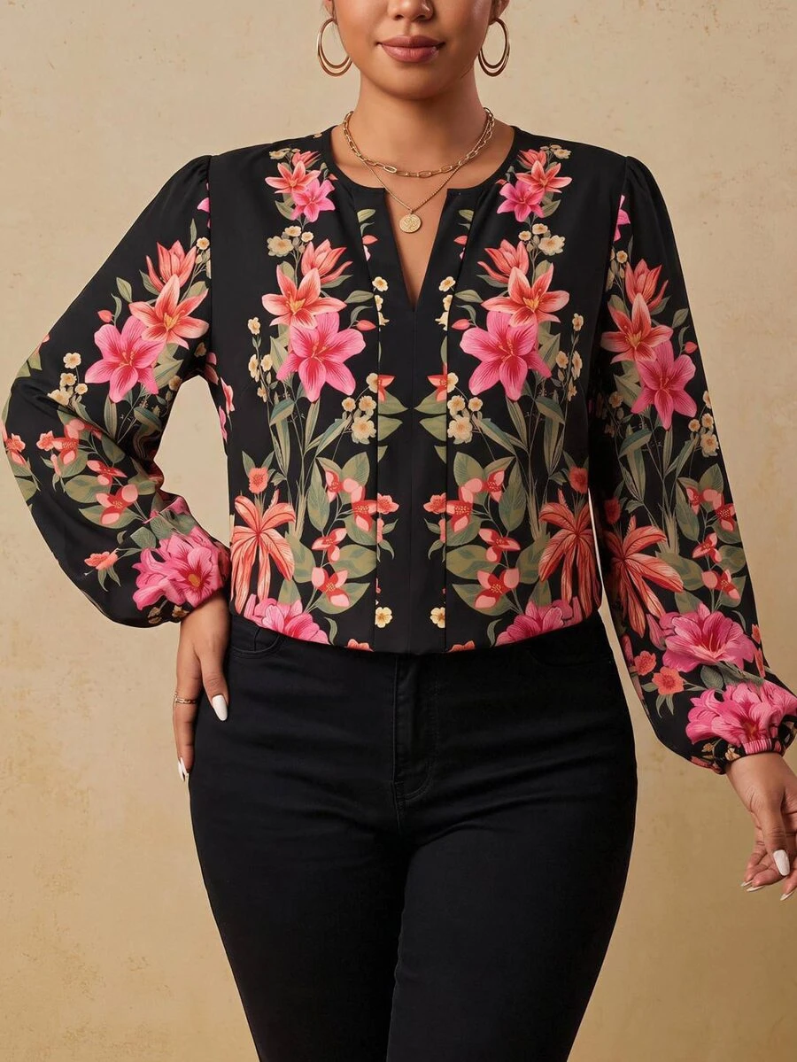 Travachic Plus Size Casual Minimalist Floral Pattern Shirt Suitable For All Seasons - Multicolor - View 1