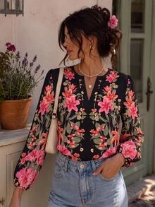 Travachic Plus Size Casual Minimalist Floral Pattern Shirt Suitable For All Seasons - Multicolor - View 2