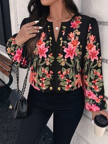 Travachic Plus Size Casual Minimalist Floral Pattern Shirt Suitable For All Seasons - Multicolor - View 5