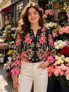 Travachic Plus Size Casual Minimalist Floral Pattern Shirt Suitable For All Seasons - Multicolor - View 3