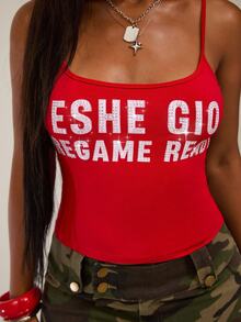 Eshe Glo 女款標語印花休閒百搭細肩帶背心上衣/時尚上衣/百搭上衣/外出上衣/亮片上衣/紅色上衣/萬聖節上衣/節慶上衣/ - 紅色 - 查看 3