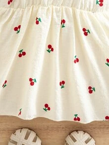 SHEIN 新生女嬰休閒度假可愛櫻桃荷葉袖洋裝 - 米色 - 查看 6