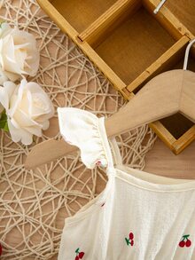 SHEIN 新生女嬰休閒度假可愛櫻桃荷葉袖洋裝 - 米色 - 查看 3