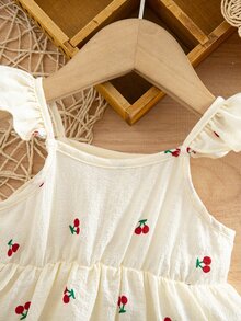 SHEIN 新生女嬰休閒度假可愛櫻桃荷葉袖洋裝 - 米色 - 查看 4