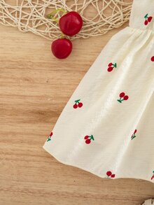 SHEIN 新生女嬰休閒度假可愛櫻桃荷葉袖洋裝 - 米色 - 查看 7
