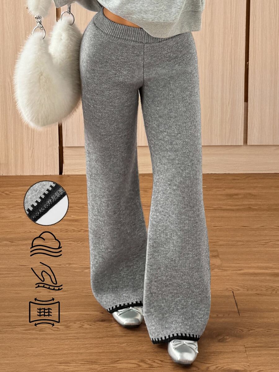 SHEIN EZwear بنطلون نسائي طويل بلون موحد وخصر مطاطي وتصميم كاجوال واسع من الصوف المحبوك - رمادي - مشاهدة 1