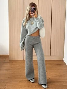 SHEIN EZwear بنطلون نسائي طويل بلون موحد وخصر مطاطي وتصميم كاجوال واسع من الصوف المحبوك - رمادي - مشاهدة 5