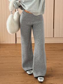 SHEIN EZwear بنطلون نسائي طويل بلون موحد وخصر مطاطي وتصميم كاجوال واسع من الصوف المحبوك - رمادي - مشاهدة 6