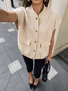SHEIN Unity Women's Summer Beige Wool Fabric Baseball Stand Collar Snap Button Sleeveless Large Patch Pocket Loose Vest, Casual Minimalist Layering Style Tank Top - Multicolor - View 3
