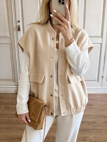 SHEIN Unity Women's Summer Beige Wool Fabric Baseball Stand Collar Snap Button Sleeveless Large Patch Pocket Loose Vest, Casual Minimalist Layering Style Tank Top - Multicolor - View 6