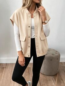 SHEIN Unity Women's Summer Beige Wool Fabric Baseball Stand Collar Snap Button Sleeveless Large Patch Pocket Loose Vest, Casual Minimalist Layering Style Tank Top - Multicolor - View 7