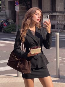 SHEIN MOD Women's Elegant Commute Corporate Party Lace Patchwork Blazer Skirt Suit Set Halloween Black Summer - Black - View 3