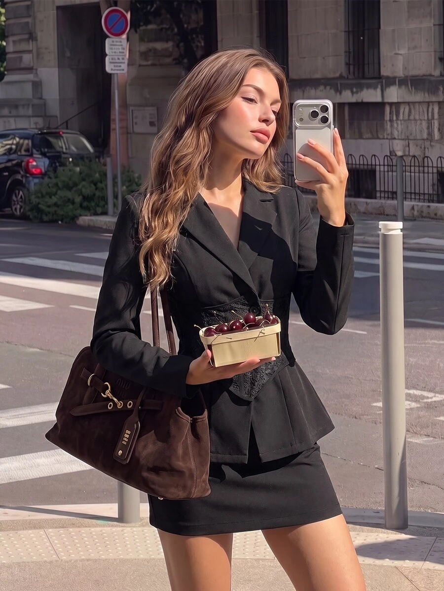 SHEIN MOD طقم بدلة نسائي أنيق للعمل والحفلات الرسمية، بليزر وتنورة بتصميم دانتيل مرقع، أسود، صيفي، مناسب للهالوين - الأسود - مشاهدة 1