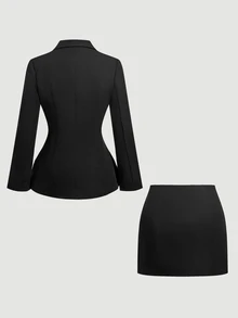 SHEIN MOD Women's Elegant Commute Corporate Party Lace Patchwork Blazer Skirt Suit Set Halloween Black Summer - Black - View 6