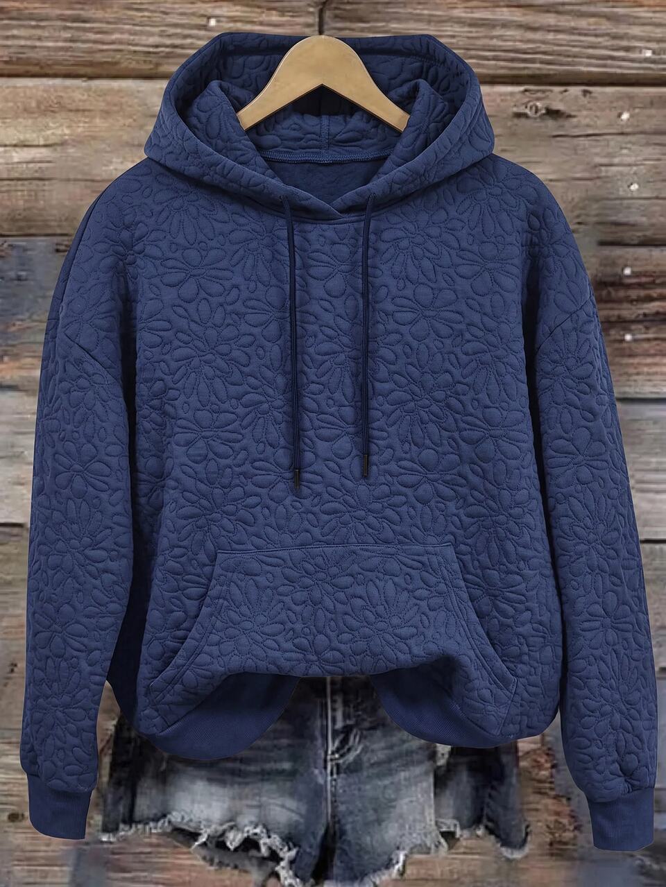 Plus Size Women's Autumn/Winter Casual Soft Form Vacation Long Sleeve Floral Solid Blue Hooded Jacquard Sweatshirt Top With Pockets Navy Blue Fall