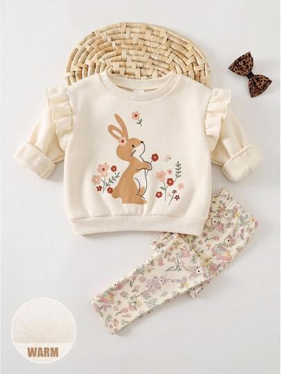SHEIN Setelan 2 Potong Bayi Perempuan Balita Perempuan Motif Kartun Rajut Lembut Leher Bulat Lengan Panjang Pullover Sweatshirt Slim Fit Musim Gugur Musim Dingin Celana Pakaian Lucu