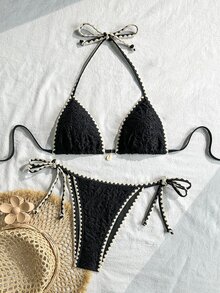 Swim Mod Women's Spring/Summer Jacquard Fabric Shell Crochet Trim Shell Decor Bikini Set Bikini Alt Bikini Sets Coverage 2 Pieces Set Elegant - Black - View 3