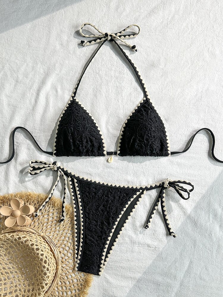 Swim Mod Women's Spring/Summer Jacquard Fabric Shell Crochet Trim Shell Decor Bikini Set Bikini Alt Bikini Sets Coverage 2 Pieces Set Elegant - Black - View 2