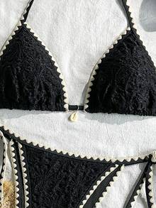 Swim Mod Women's Spring/Summer Jacquard Fabric Shell Crochet Trim Shell Decor Bikini Set Bikini Alt Bikini Sets Coverage 2 Pieces Set Elegant - Black - View 7