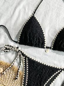 Swim Mod Women's Spring/Summer Jacquard Fabric Shell Crochet Trim Shell Decor Bikini Set Bikini Alt Bikini Sets Coverage 2 Pieces Set Elegant - Black - View 5