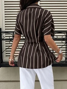 Siren Gaze 女款韓式街頭風棕色條紋拼色單排扣抽褶腰襯衫，適合辦公室、早午餐、夏季休閒商務休閒穿搭 - 彩色 - 查看 2