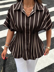 Siren Gaze 女款韓式街頭風棕色條紋拼色單排扣抽褶腰襯衫，適合辦公室、早午餐、夏季休閒商務休閒穿搭 - 彩色 - 查看 5