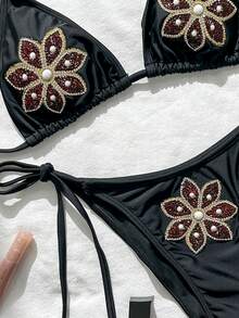 Swim Mod Women's Halter Neck Rhinestone Decorated Black Bikini 2 Pieces Swimwear Set,Summer,Casual,Beach,Vacation,Holiday,Resort,Pool Party,Music Festival - Black - View 3